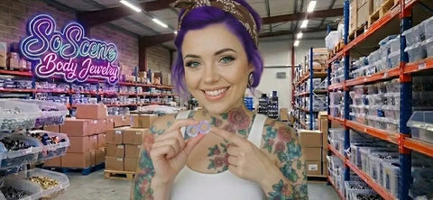 Person holding Lavender Opalite Hollow Glass Ear Plugs in warehouse with SoScene Body Jewelry sign visible.