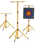 Adjustable Telescopic Metal Archery Target Stand in Bright Yellow for Backyard Practice with target displayed
