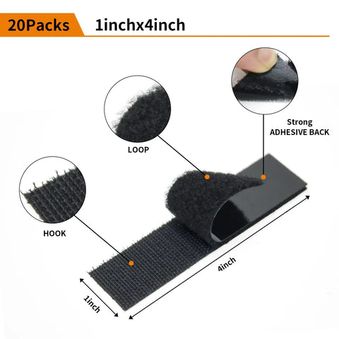 Heavy Duty Hook And Loop Tape 20 Pack 1x4 Inch Double Sided Fastener Strips with adhesive back and interlocking design.