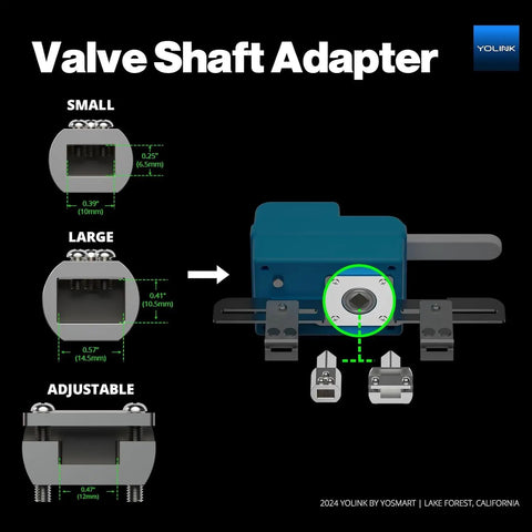 Valve shaft adapter and measurements for Smart Water Leak Detection And Shutoff Starter Kit With Four Leak Sensors X3 Wireless.