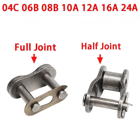 Solid Carbon Steel Roller Chain Connector for Heavy Duty Machinery showing Full Joint and Half Joint types, 04C 06B 08B 10A 12A 16A 24A.