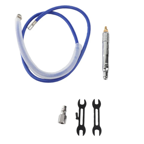 Premium Slick Pneumatic Die Grinder Pen Delivering Low Vibration And No Sweat Control At 70000RPM With Flexible Hose For Tight Spaces Metal Wood Engraving Kit components including die grinder pen, flexible hose, and attachments.