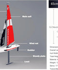 53 Inch Remote Control Sailboat Kit With Pre Assembled Sail Accessories, 2.4G Radio, Wind Powered Canvas Hull, Easy Assembly Watercraft For Adults, Ready To Sail Right Out Of The Box, showing labeled sailboat parts and dimensions.