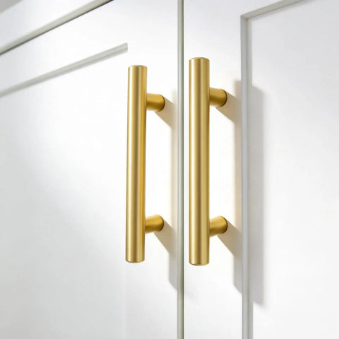 Close-up of 10 Pack Brushed Gold Cabinet Pulls, 3 Inch Hole Center Kitchen Cabinet Handles for bar and drawer on white cabinetry.