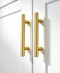 Must Have Brushed Gold Cabinet Pulls Set For Kitchen Cabinets, 30 Pack, Three And A Half Inch Hole Center, shown on white doors