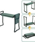 Foldable Garden Kneeler Seat With Foam Kneeling Pad And Tool Pouch, Portable Garden Bench Stool for knee and back relief shown folded and unfolded.