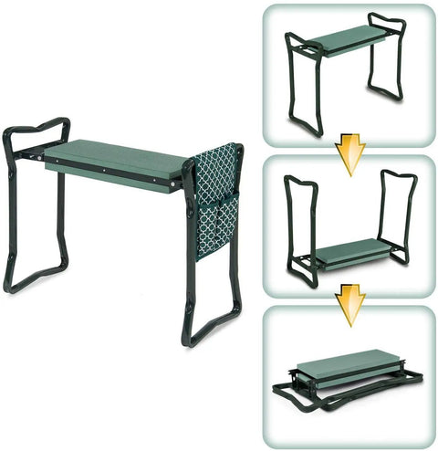 Foldable Garden Kneeler Seat With Foam Kneeling Pad And Tool Pouch, Portable Garden Bench Stool for knee and back relief shown folded and unfolded.