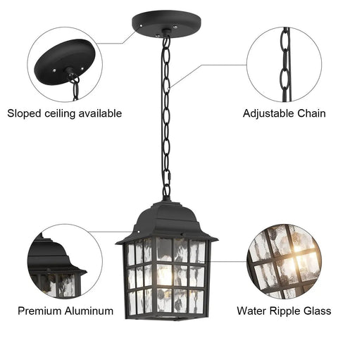 Outdoor Pendant Light For Porch And Yard Weatherproof Aluminum Exterior Hanging Lantern With Water Glass Panel Black Rust Resistant Ceiling Light For Gazebo Patio And Garden detailing features.