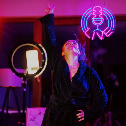 Person beneath Dimmable Neon Sign Live On Air USB LED Lights For Bedroom Wall Microphone Neon Decor For TikTok YouTube And Twitch Streamers