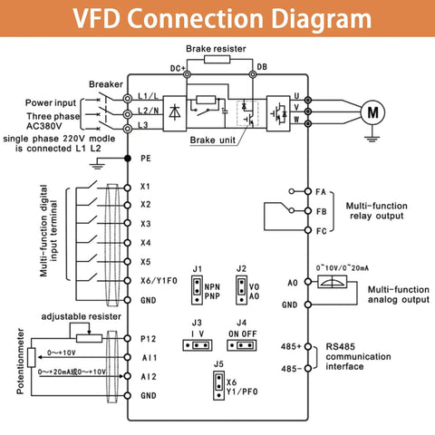 VFD Connection Diagram for 2.2kW 220V VFD Converter Single to 3-Phase Inverter Variable Frequency Drive