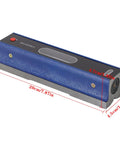 8 Inch Precision Level With 0.0002 Per 10 Inch Accuracy Machinist Tool For Checking Horizontal Alignment And Flatness Beefy Carbon Steel With A Portable Wooden Box, blue body, size markings visible