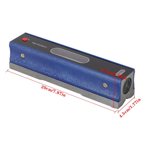 8 Inch Precision Level With 0.0002 Per 10 Inch Accuracy Machinist Tool For Checking Horizontal Alignment And Flatness Beefy Carbon Steel With A Portable Wooden Box, blue body, size markings visible