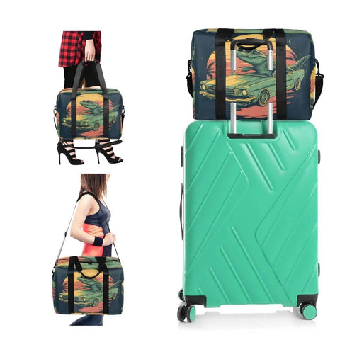 Alligator Pattern Travel Duffel Bag for Men and Women Waterproof Gym Bag shown on luggage and carried by person