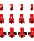 Clamp-On Circuit Breaker Lockout Kit 12 Piece Set with small, medium, large lockouts for single pole breakers, front view.