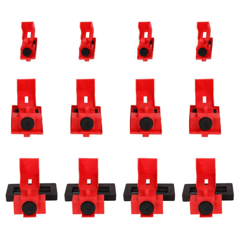 Clamp-On Circuit Breaker Lockout Kit 12 Piece Set with small, medium, large lockouts for single pole breakers, front view.
