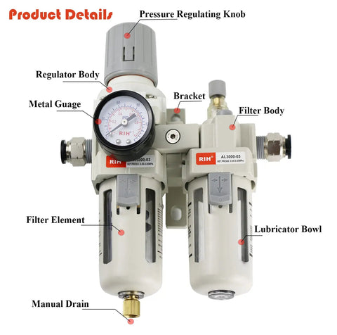 3/8 NPT Air Filter Regulator Lubricator Combo Piggyback Unit with gauge, poly bowl, manual drain, and bracket for precise air control