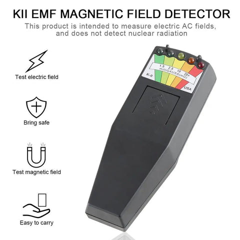 EMF Meter For Ghost Hunting With Instant EMF Response showing LED display and labeled functions