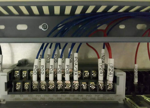 Killer Heat Shrink Labels Compatible With Dymo 18051 18053 18055 on wire connections in a control panel.
