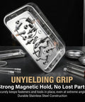 Telescoping magnetic pickup tool set in stainless steel with bolt tray and assorted fasteners.