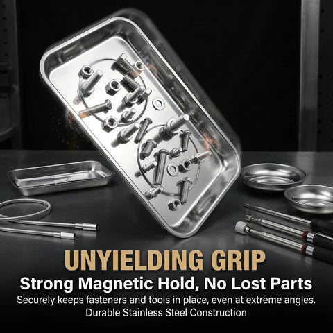 Telescoping magnetic pickup tool set in stainless steel with bolt tray and assorted fasteners.