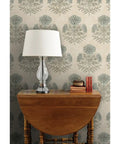 Blue Floral Vinyl Wallpaper With Subtle Leather Texture Finish Paste Required Commercial Grade Wallcovering For Hotels Offices Restaurants Custom Printed Just For You Professional Installation Recommended Solid Performance Room Decor on a beige floral patterned wall.