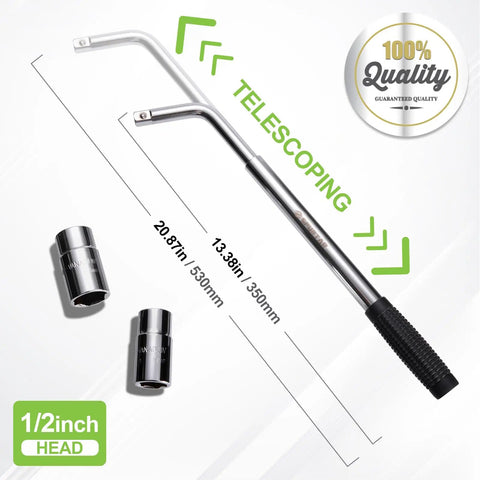Telescoping 4 Way Lug Wrench Extendable Half Inch Drive with sockets and rubber handle on white background
