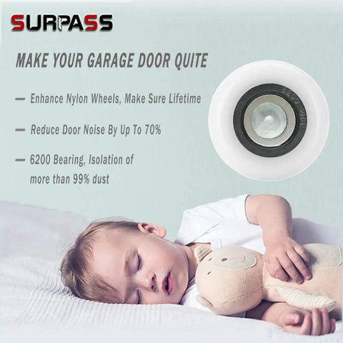 Garage Door Hardware Kit With Nylon Rollers Rust Resistant Hinges And Top Brackets 8 Foot Height Wire Rope System For Durable Low Maintenance Garage Door Replacement shown with sleeping child to depict quiet operation.