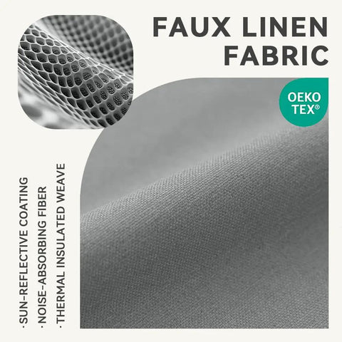 Close-up of faux linen fabric with mesh pattern and Oeko-Tex label, sun-reflective coating, noise-absorbing fiber, thermal weave.