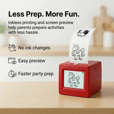 Kids Mini Thermal Printer With Screen Preview For Party Cards And Coloring Pages No Sweat Inkless Printing Gadget For Sweet Diy Gift Tags And Awesome Family Creativity Session displaying a red handheld unit with preview screen.
