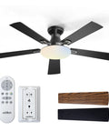52 Inch Flush Mount Ceiling Fan With Lights And Remote Control, black finish, wood and black blades, reversible DC motor