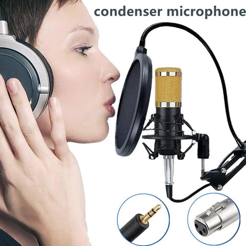Woman using Pro Podcast Gear Bundle With BM800 Microphone Kit And Live Audio Interface Adjustable Arm Stand Metal Shock Mount