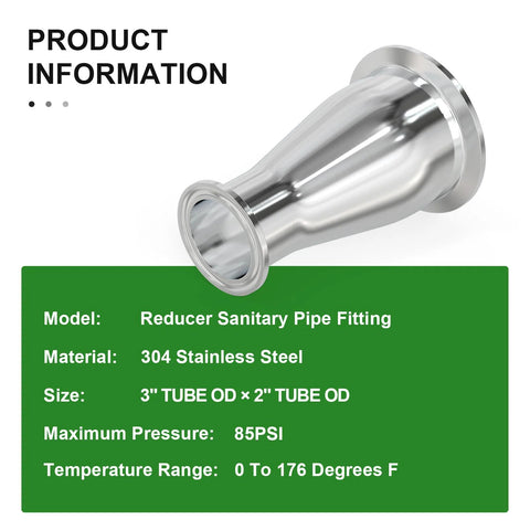 3in x 2in 304 stainless steel sanitary pipe reducer with tri-clamp ferrule flange and two silicone gaskets