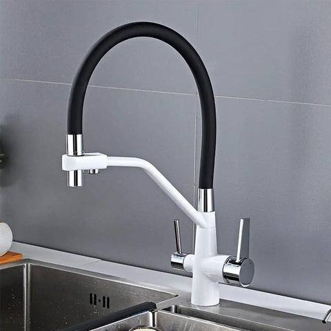 GAZOGJ 360°Rotatable 3-Way Kitchen Faucet with Extendable Shower Head, sleek design with black and white finish.