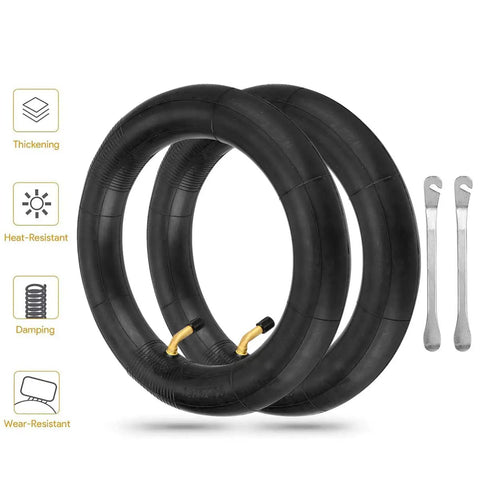 Beefed Up Two Pack Thick 10x2.5 Inner Tubes For Electric Scooters And Mini Bikes With 45 Degree Valve Includes Two Tire Levers Heavier 2mm Wall Thickness Delivers Smoother Quiet Rides And Easier Install shown with accessories