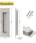 2 Pack Brushed Nickel Sliding Closet Door Handles Recessed Flush Finger Pulls 5.9 Inch Long For Sliding Barn Doors And Cabinets SUS 304 Stainless Steel Square Cabinet Pulls Durable Stainless Hardware For Years Of Use, showing dimensions and screws.