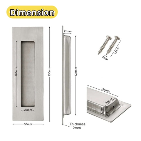 2 Pack Brushed Nickel Sliding Closet Door Handles Recessed Flush Finger Pulls 5.9 Inch Long For Sliding Barn Doors And Cabinets SUS 304 Stainless Steel Square Cabinet Pulls Durable Stainless Hardware For Years Of Use, showing dimensions and screws.