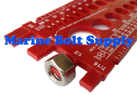 Marine-Grade Nut Bolt And Screw Gauge For Standard And Metric Sizes with metal nut and red surface detail