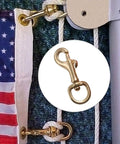 Heavy Duty Brass Flagpole Snap Clips Two Piece Set With Swivel Eyelet attached to a flag and halyard rope.