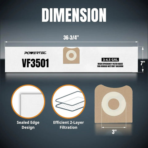 Ridgid Size C Shop Vac Bags 3-4.5 Gallon, 10 Pack Replacement Vacuum Bags For 4000RV WD4070 with dimensions and design features