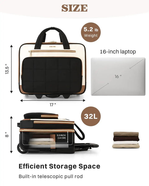 Wheeled Laptop Bag For Women 16 Inch Rolling Briefcase Water Resistant And Stylish Carry On Luggage With Wheels Ideal For Work Travel And Business Beige Brown showing dimensions and storage