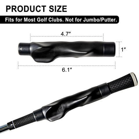 Grip Trainer For Golf Clubs Right Hand With Pro Ergonomic Design That Corrects Grip Posture Builds Muscle Memory And Improves Swing Accuracy For Straighter Shots And Lower Scores On The Course Black, shown on a club grip with size dimensions.