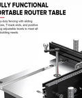 Heavy Duty Bench Top Router Table Rig For Your Home Shop With 16 Inch Tall Cabinet Base and Standard Insert Plate, showcasing adjustable fencers.