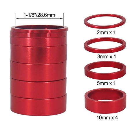 Aluminum Bike Headset Spacers For One And One Eighth Inch Stems Lightweight MTB BMX Road Bike Spacers Set 2mm 3mm 5mm 10mm Options 7 Pack In Anodized Red Finish Corrosion Resistant Upgrade For A Smooth Dope Ride