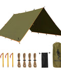 Waterproof 10x10.5 Ft Tarp Shelter For Camping And Backpacking Ripstop 210T Canopy set with stakes and ropes in package.