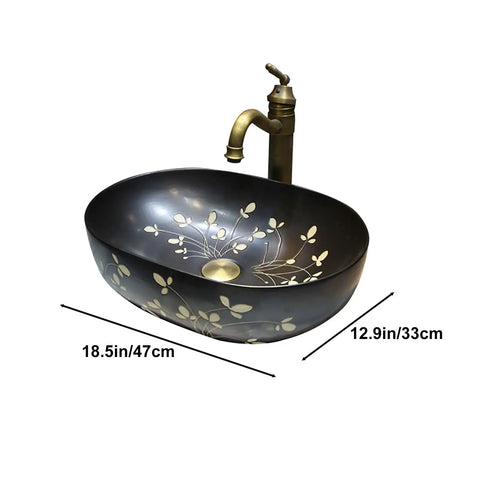Ceramic Vintage Bathroom Vessel Sink, Handcrafted Art Countertop Vanity Basin for Home, B&B and Club Bathroom Decor (Small) with floral design