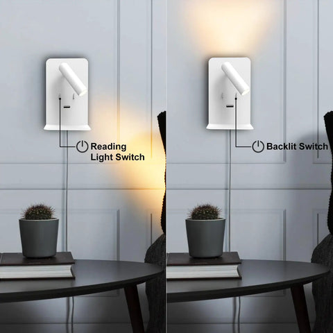 Plug In Wall Light For Bedroom With Two Separate Switches, LED Reading Light And Chill Night Light, USB Port Bedside Sconce, Wall Mounted Lamps, Warm White 3000K, shown on wall with labeled switches.