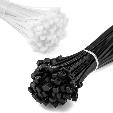 Black and white Heavy Duty Zip Ties Assorted Pack 6 Inch 40Lb 8 Inch 50Lb 12 Inch 50Lb Nylon 66 UV Resistant Indoor Outdoor Cable Ties Set.