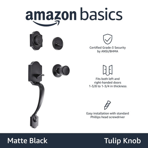 Front Door Lock Set With Tulip Knob Handleset In Matte Black Exterior Single Cylinder Lock And Level Handle Universal Fit For Doors