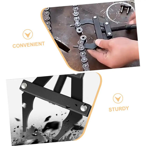 Heavy Duty Motorcycle Chain Tensioner Tool That Makes Bike Wrenching A Breeze Straight Up Solid Steel Chain Adjuster Kit in use.