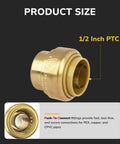 1/2 Inch Push Fit End Cap For Copper CPVC And PEX Pipes Brass Plumbing Fitting With Upgraded Stiffener, No Tools Needed, Product Size
